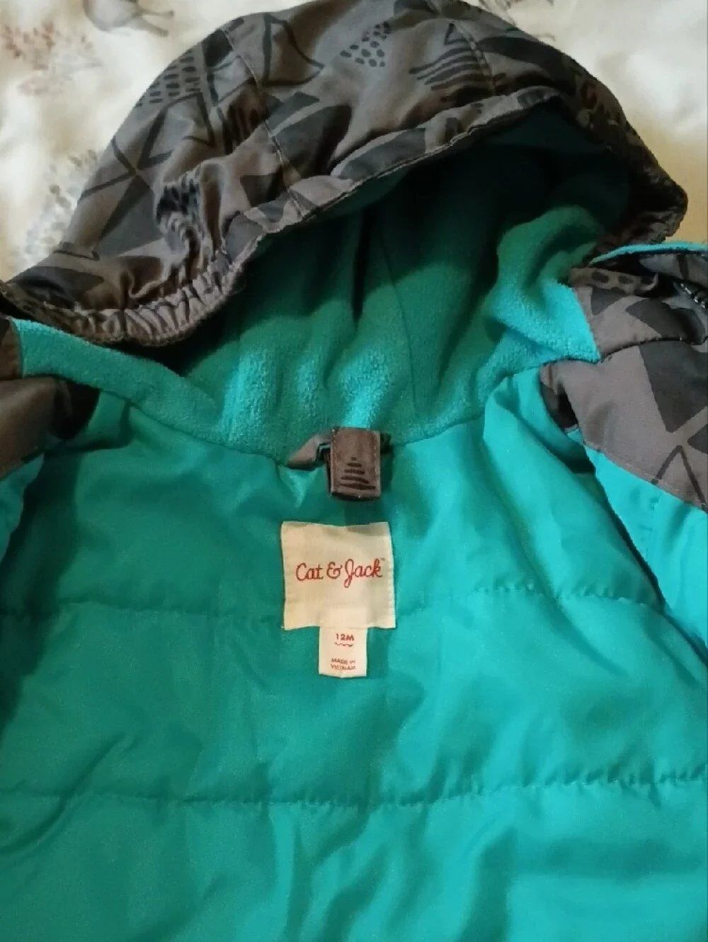 Cat & Jack Gray Geometric Hooded Puffer with Teal Lining
